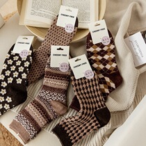 Strange uncle (Curry warm wool socks) simple autumn and winter college style diamond grid socks womens socks