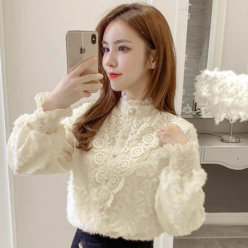 Осень и зима 2023, новая универсальная рубашка, блузка в западном стиле, плюс бархатная шифоновая рубашка с плотным кружевным низом, женская трендовая