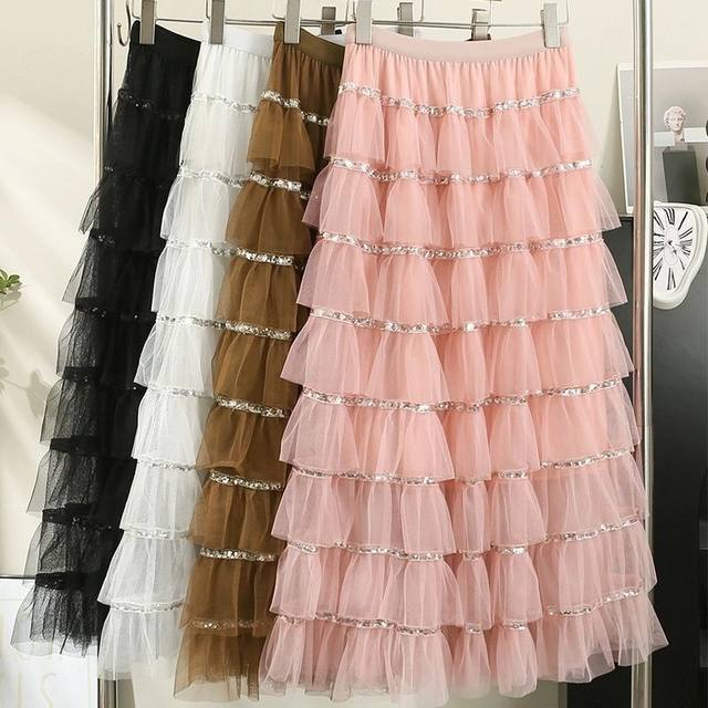 2025 super beautiful spring and autumn new eight-layer mesh sequin splicing heavy-waist A-line sweet cake skirt