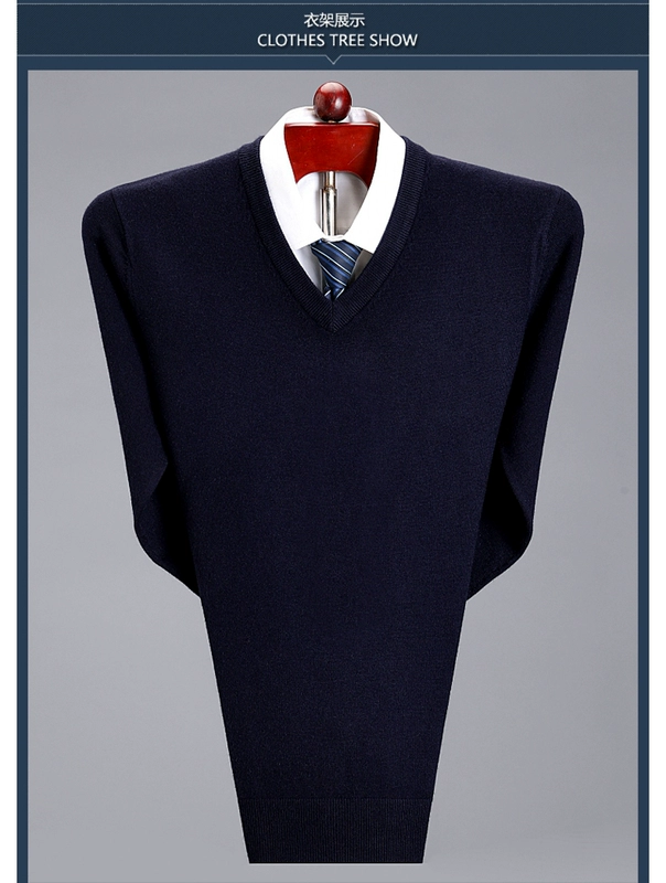 Áo len cashmere cổ điển của cha mùa đông dày cổ chữ V mặc áo len trung niên chạm đáy áo len cổ tròn áo thun nam