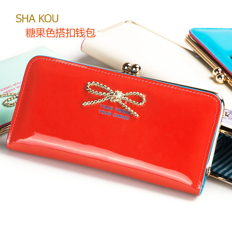 Women's Korean Ladies Long Edition Patent Leather Shiny Double Buckle Wallet Fashion Candy Color Bow Multi-card Wallet