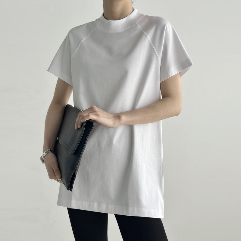 Raglan Sleeve Long Half-High Collar T-Shirt That Covers the Hips, Loose Casual Commuter Style, Layered Mid-Length Short-Sleeve Top Raglan Sleeve Long Half-High Collar T-Shirt That Covers the Hips, Loose Casual Commuter Style, Layered Mid-Length Short-Sleeve Top