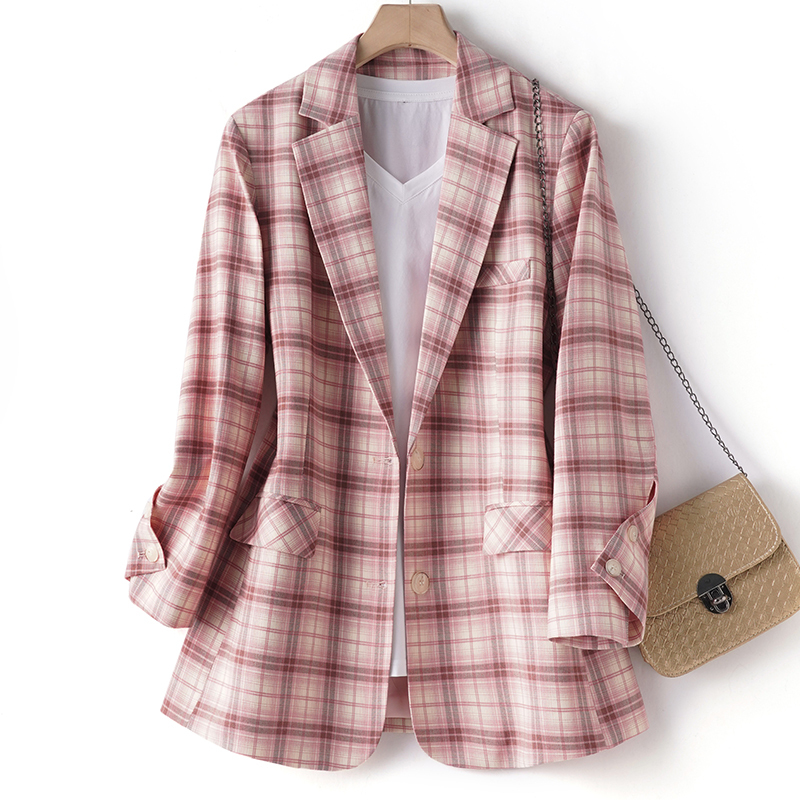Pink Plaid Blazer for Women, New Spring and Autumn Style, Top with Back Slit, Small Blazer, Casual Slim Fit, Nine-Quarter Sleeves