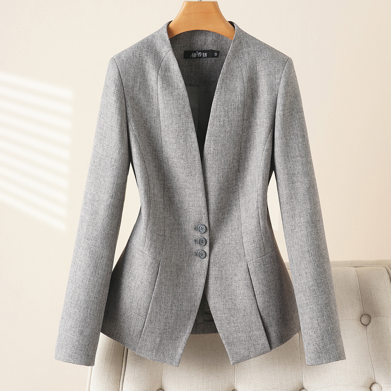 Gray Collarless Blazer for Women, New Spring and Autumn Slim-Fit Small Suit with a High-End Feel, Versatile and Suitable for Petite Figures