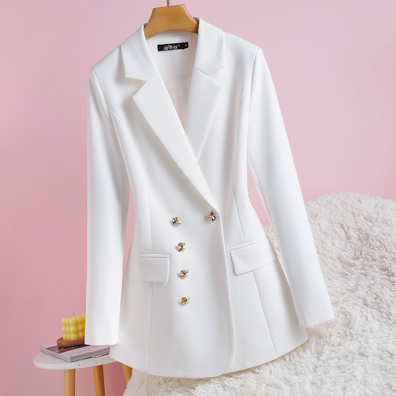 Yuxiangyan 2026 Spring and Autumn New Slim Fit Double-Breasted Mid-Length Suit Pure White Draped Jacket for Women