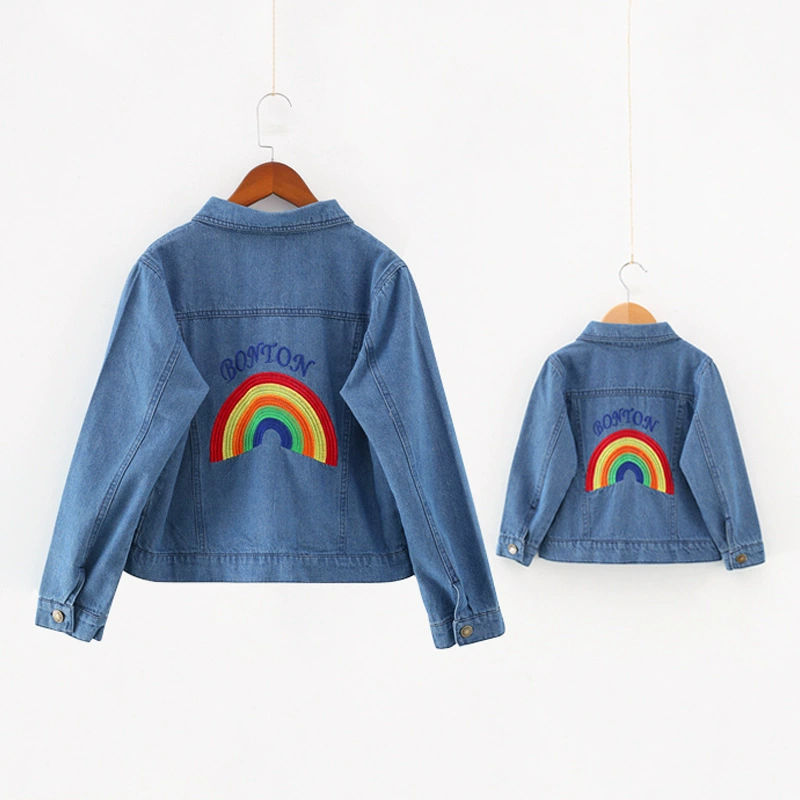 2018 phiên bản Hàn Quốc của trẻ em mới áo khoác denim mùa thu cotton thêu áo bé trai và bé gái mẹ và con gái gia đình và trẻ em