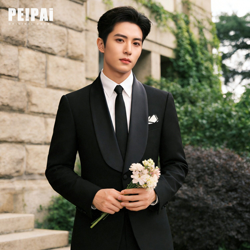Peipai Tuxedo Satin Mandarin Collar Suit for Men, Single-Breasted Formal Suit, Light Luxury Banquet Host Formal Wear