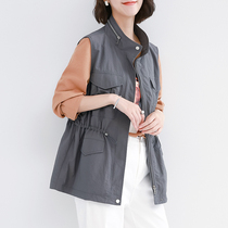 Tooling stand-up collar vest womens mid-length spring and autumn all-match thin vest 2021 new autumn loose large size vest clip