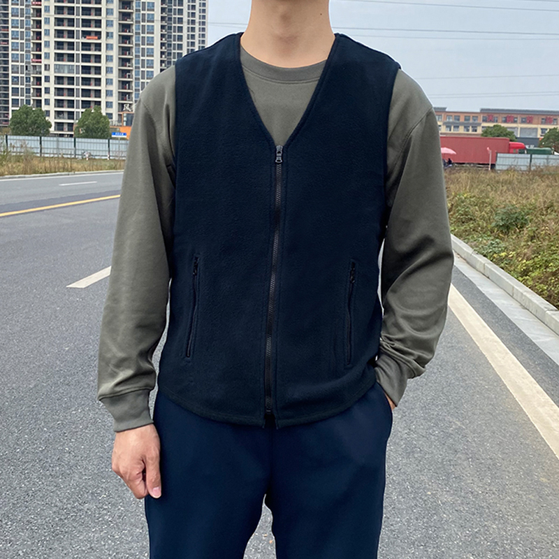 Autumn and Winter Fleece Vest, Men's Navy Blue Fleece Warm and Cold-Proof Zip-Up Cardigan, Polar Fleece Vest