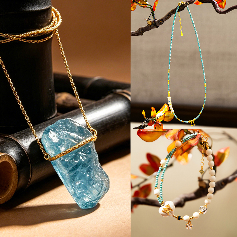 Zhao Daxi | Sun, Moon and Stars Series | Necklace + Bracelet, Aquamarine Raw Stone, Turquoise Raw Ore, One Item, One Certificate