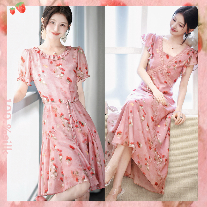 Zhao Daxi | Little Strawberry Series - Skirt/Blouse | 100% Silk Sesame Wrinkle Hand-Painted Print Bias-Cut Dress for Summer Zhao Daxi | Little Strawberry Series - Skirt/Blouse | 100% Silk Sesame Wrinkle Hand-Painted Print Bias-Cut Dress for Summer