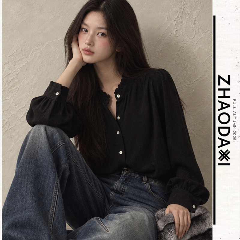 Zhao Daxi | Sicilian Upgraded Version of Guanle Crepe Silk Shirt | 100% Silk Ruffled Stand Collar/Classic Everyday Wear Zhao Daxi | Sicilian Upgraded Version of Guanle Crepe Silk Shirt | 100% Silk Ruffled Stand Collar/Classic Everyday Wear