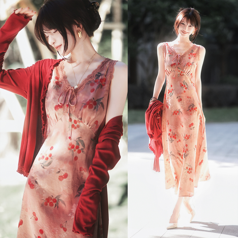 Zhao Daxi | Red Cloud Gauze Cherry Dress | 100% Silk Cherry Print Exquisite Lace Waist-Cinching Long Dress for Summer