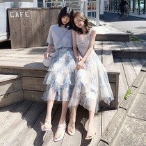 Big happy homemade vintage ink blue flower three-dimensional pleated print skirt 2020 Summer new length skirt gauze skirt