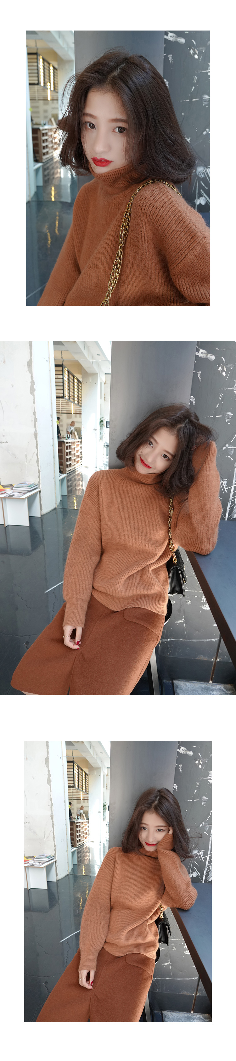 Daxi tự chế mùa thu mới khí chất rắn màu lỏng lẻo cao cổ áo len nữ thả vai tay áo đầu ấm đan áo thu đông nữ