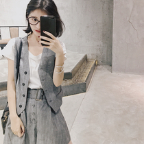 Big happy homemade autumn new linen cool vertical stripes thin handsome three-piece set of vest pants