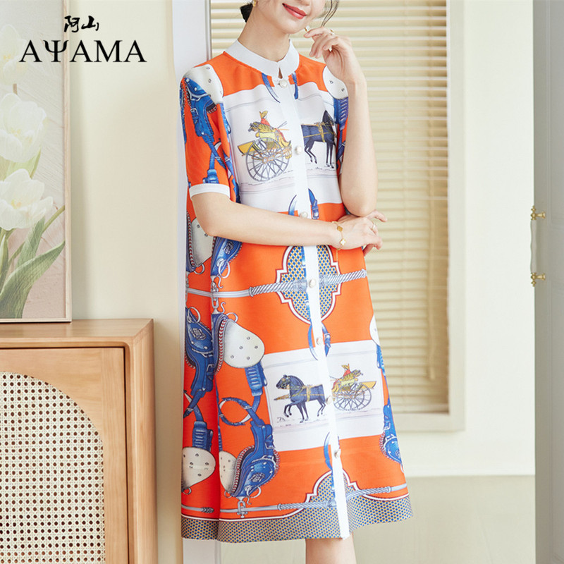 European Station 2025 Spring/Summer New Fashion Age-Reducing Hermes Orange Plus Size Single-Breasted Cardigan Pleated Dress