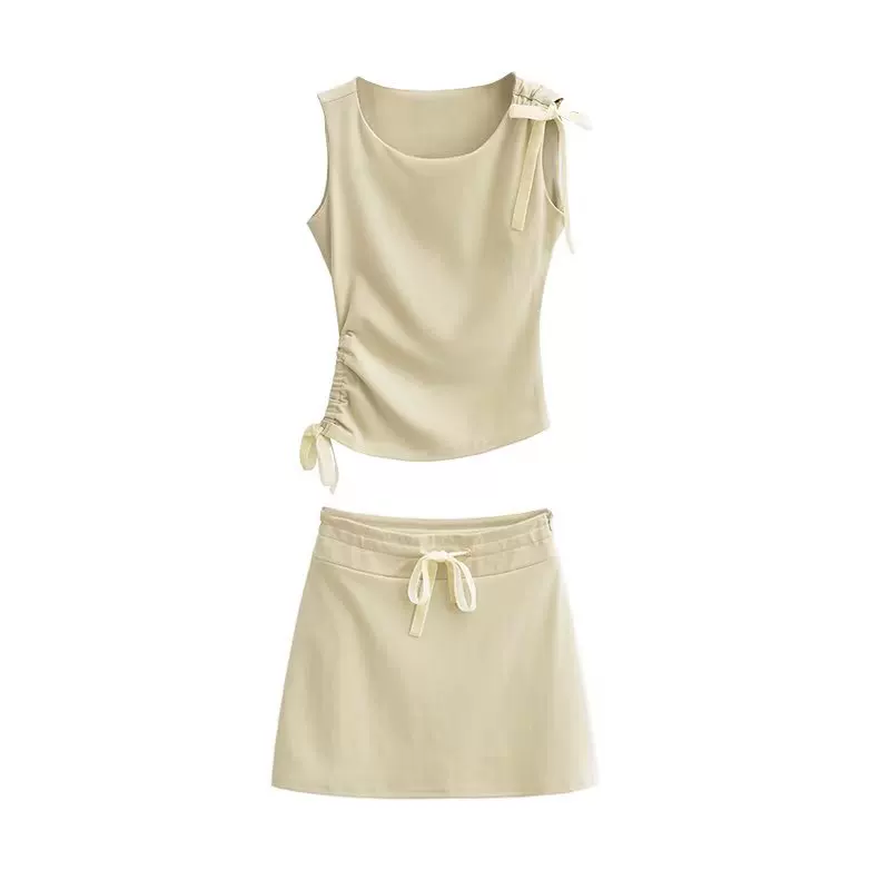 Design vest, mini-skirt, European style, trend of season, drawstring, high waist