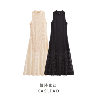 KASLEAD new women's European and American style fashion simple sleeveless high collar retro lace trumpet dress