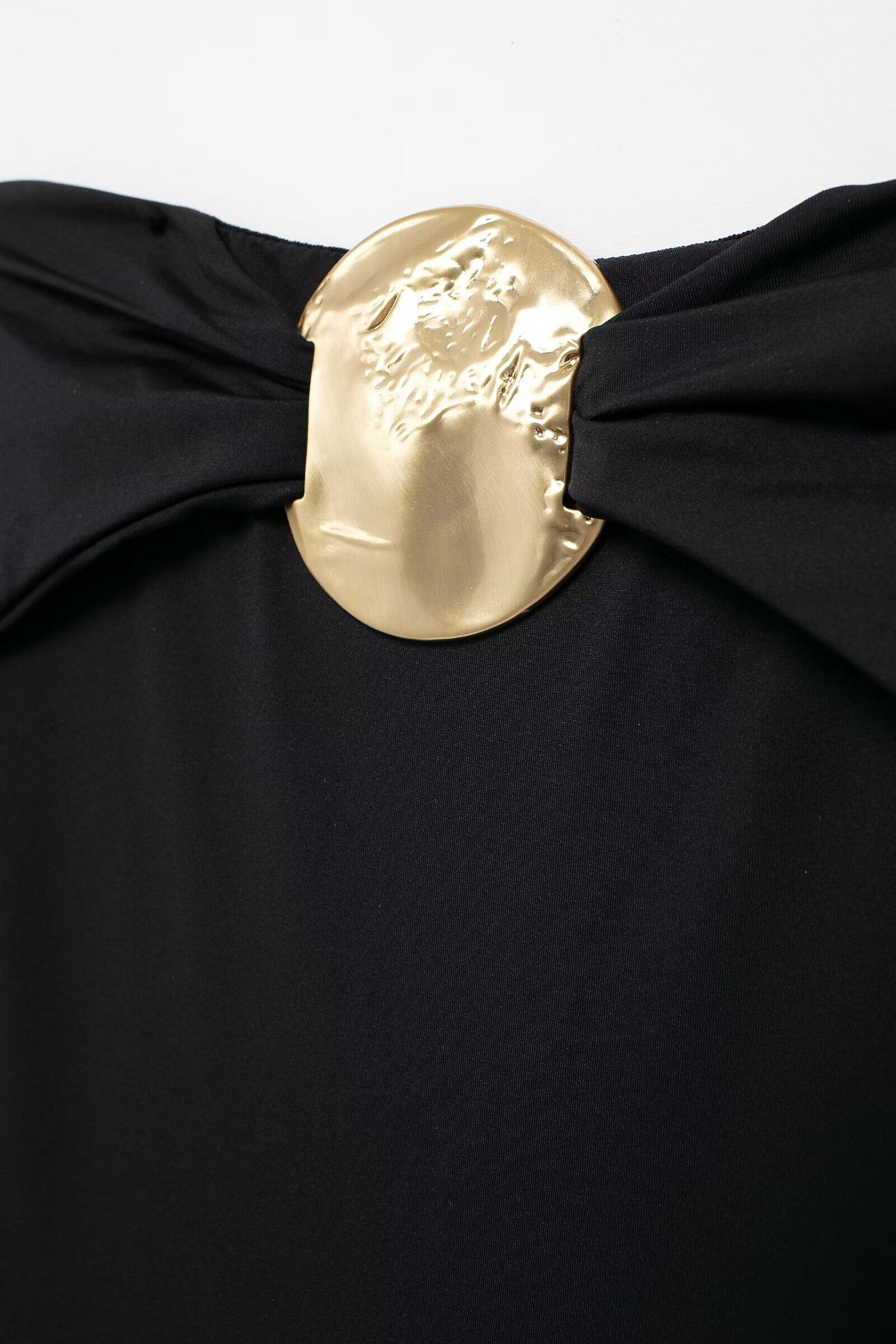 Боди/брюки kaslead 新款 女装 欧美风时尚金属饰一字领黑色泳衣 0167216