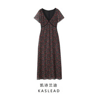 KASLEAD new women's clothing European and American style fashion rose print V-neck slim waist long dress