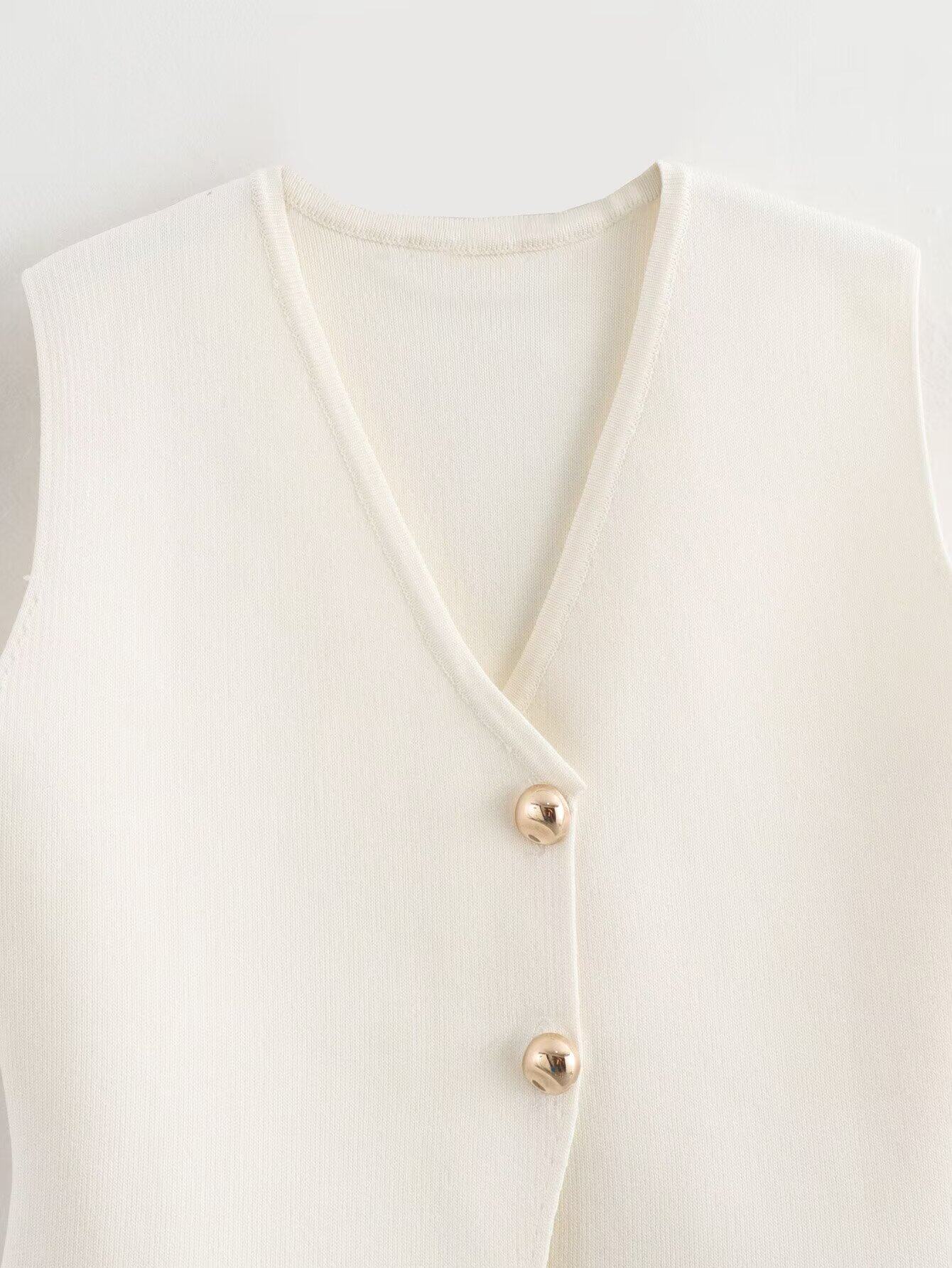 Женская жилетка kaslead 新款 女装 欧美风时尚简约金色纽扣饰针织背心式上衣