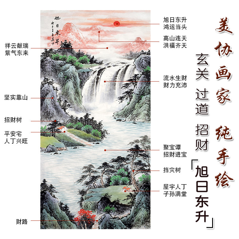 Sunshine Dongsheng pure hand-drawn four-foot vertical landscape painting authentic porch office hanging scroll decoration painting