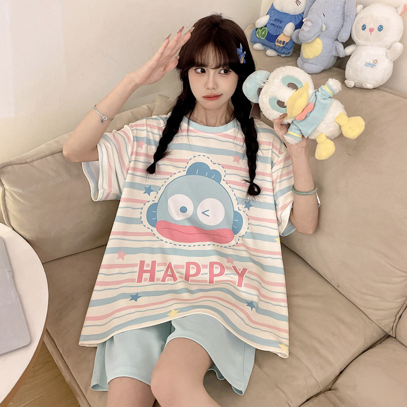 Ugly Fish Pajamas for Women, Summer Pure Cotton Short-Sleeved Shorts, Cartoon Cute Plus Size 200, Extra Large Size Loungewear Set