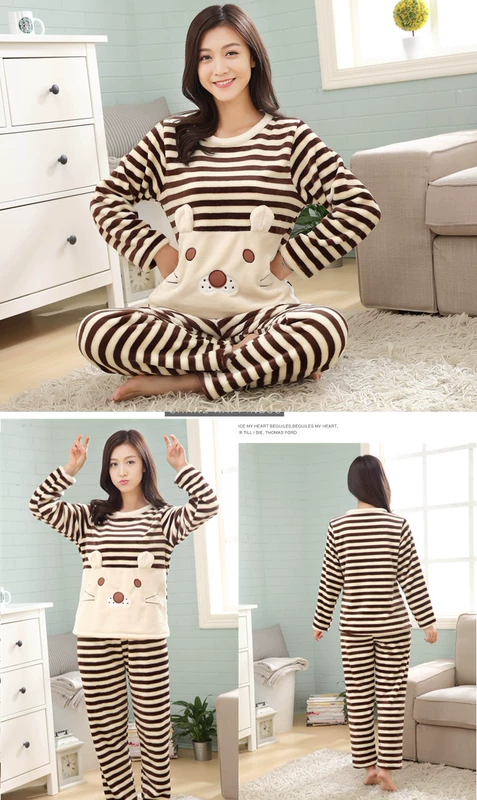 Bộ đồ ngủ nhung san hô cực lớn dành cho nữ mùa thu và mùa đông chất béo MM hoạt hình cộng với phân bón tăng flannel dịch vụ tại nhà phù hợp với 200 kg bộ đồ the thao nữ hàng hiệu