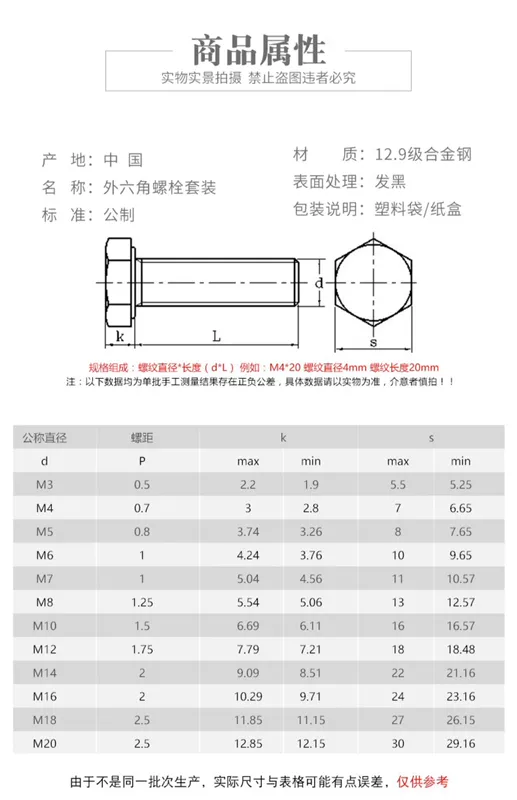 Bộ đai ốc lục giác bên ngoài bu lông cường độ cao 12,9 cấp đai ốc vít hoàn chỉnh M6M8M10M12-M24