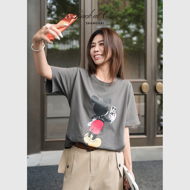 Backatone “Childlike Series-Mickey's Daily Life” Fashionable Short-Sleeved T-Shirt Mickey Mouse Cotton Women's Clothing
