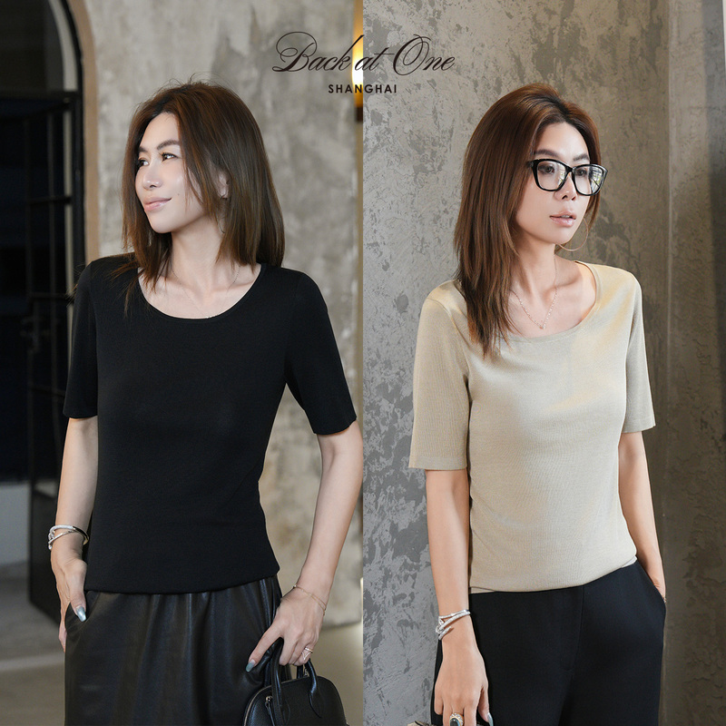 Backatone “Sand and Night Weaving” Four-Way Stretch Machine Washable Mulberry Silk Knit Top, High-End Versatile Women's Top