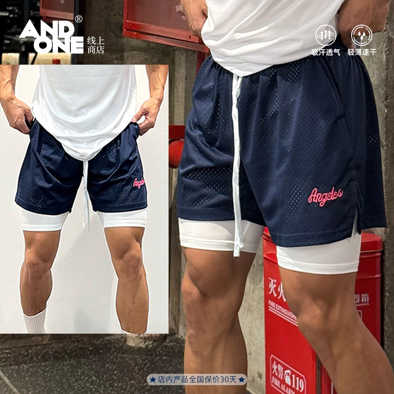 Andone American-Style Fake Two-Piece Basketball Shorts for Men, Suitable for Sports, Running, Training, Fitness, Quick-Drying, Breathable Mesh Quarter-Length Shorts