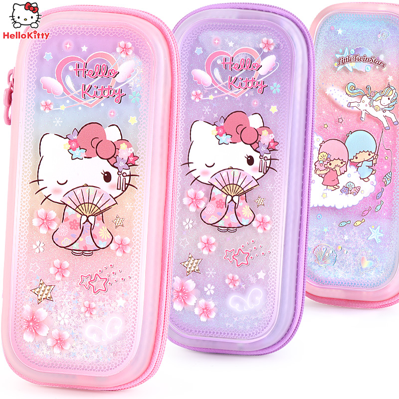 Hello Elementary Students Pen Bag Girl Streaming Sand Cartoon Multifunction Large Capacity Pencil Case Creative Lead Pencil Case Pen Bag