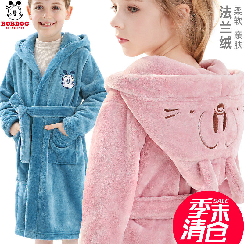 Babus bean children's bathrobe flannel boys' pajamas autumn and winter baby nightgown coral velvet girls middle and older children's clothes