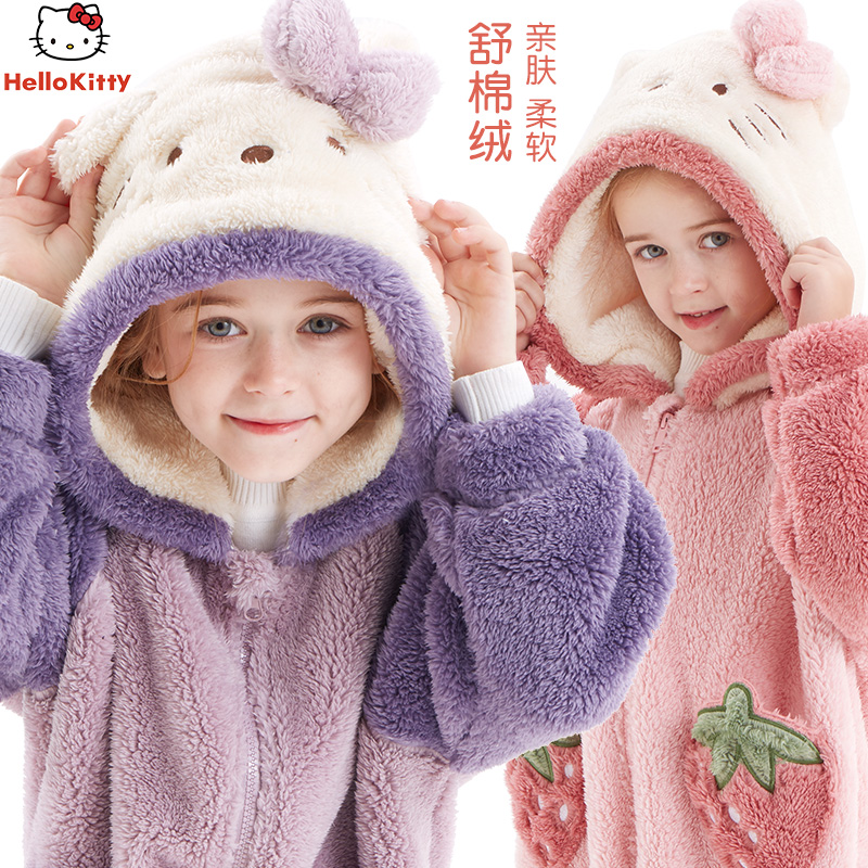 Hello Kitty Girl Pajamas One-Piece Flannel Kids Baby Fall Winter Coral Nightgown Cartoon Shaped Housewear