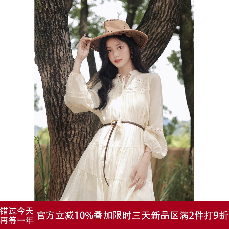 Lingjiu 2026 New Ethnic Style Beautiful White Dress with Waist-Cinching Bohemian Long-Sleeve Dress for Women in Spring and Summer