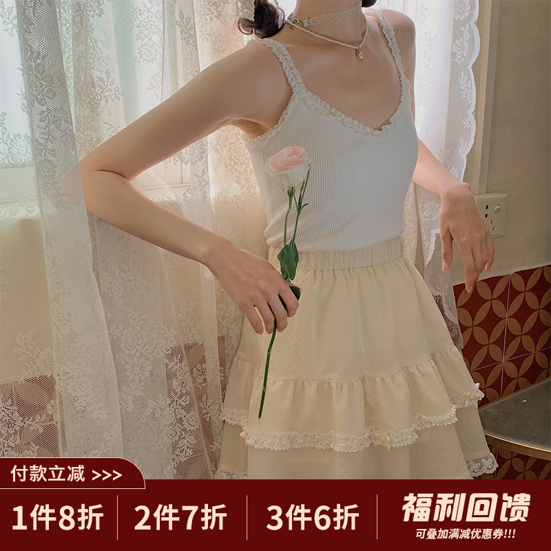 linjou Ling Jiu Law style retro small crowdsourced lotus leaf side cake dress a word half body dress woman summer high waist short skirt