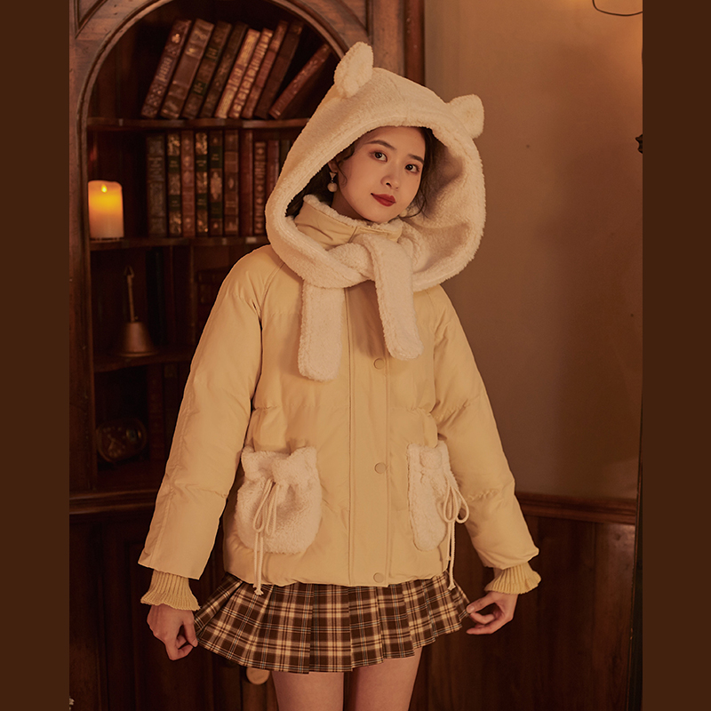 linjou Lingu 2022 Winter new cute wind small Bear hat cotton clothes woman sweet and short cotton clothes student coat