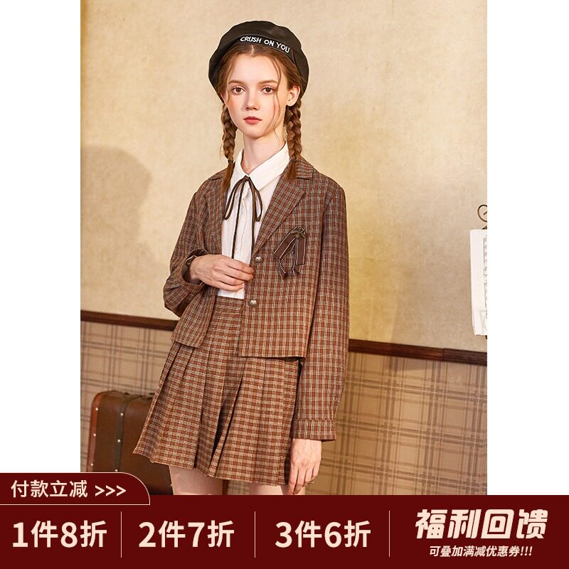 linjou Ling Jiu short coat women 2021 new autumn and winter loose plaid suit jk Academy style small suit women