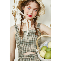 Spot]linjou Lingjiu vintage leaky shoulder small fresh dress Plaid suit skirt two-piece top womens summer