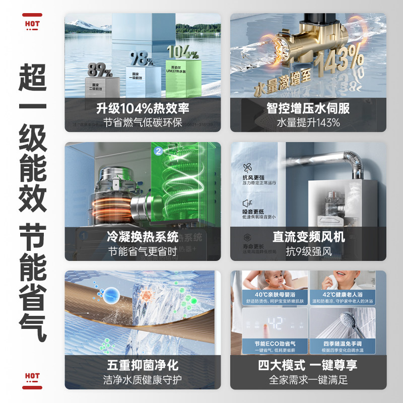 Supor Um37 Gas Water Heater 16 Liters First-Class Energy Efficiency for Bathing, Household Constant Temperature Natural Gas Water Heater