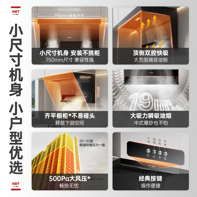 [High Cost-Performance Ratio] Supor Range Hood Ml09 Top and Side Dual Suction Household Kitchen Small-Sized Range Hood