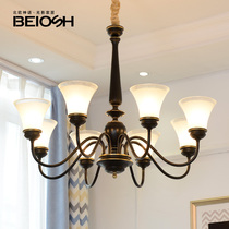  All-copper American chandelier Nordic retro atmosphere Living room copper lamp Bedroom dining room personalized glass lampshade All-copper lamps