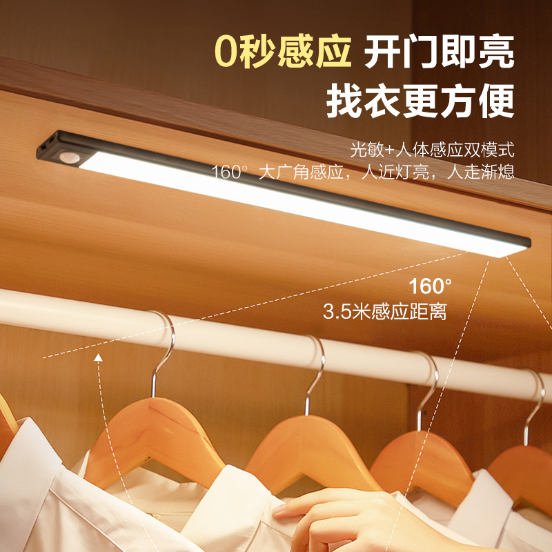 Ultra-thin LED human body sensor lamp wireless rechargeable integral cabinet lamp wardrobe shoe cabinet long strip light bar aisle nightlight