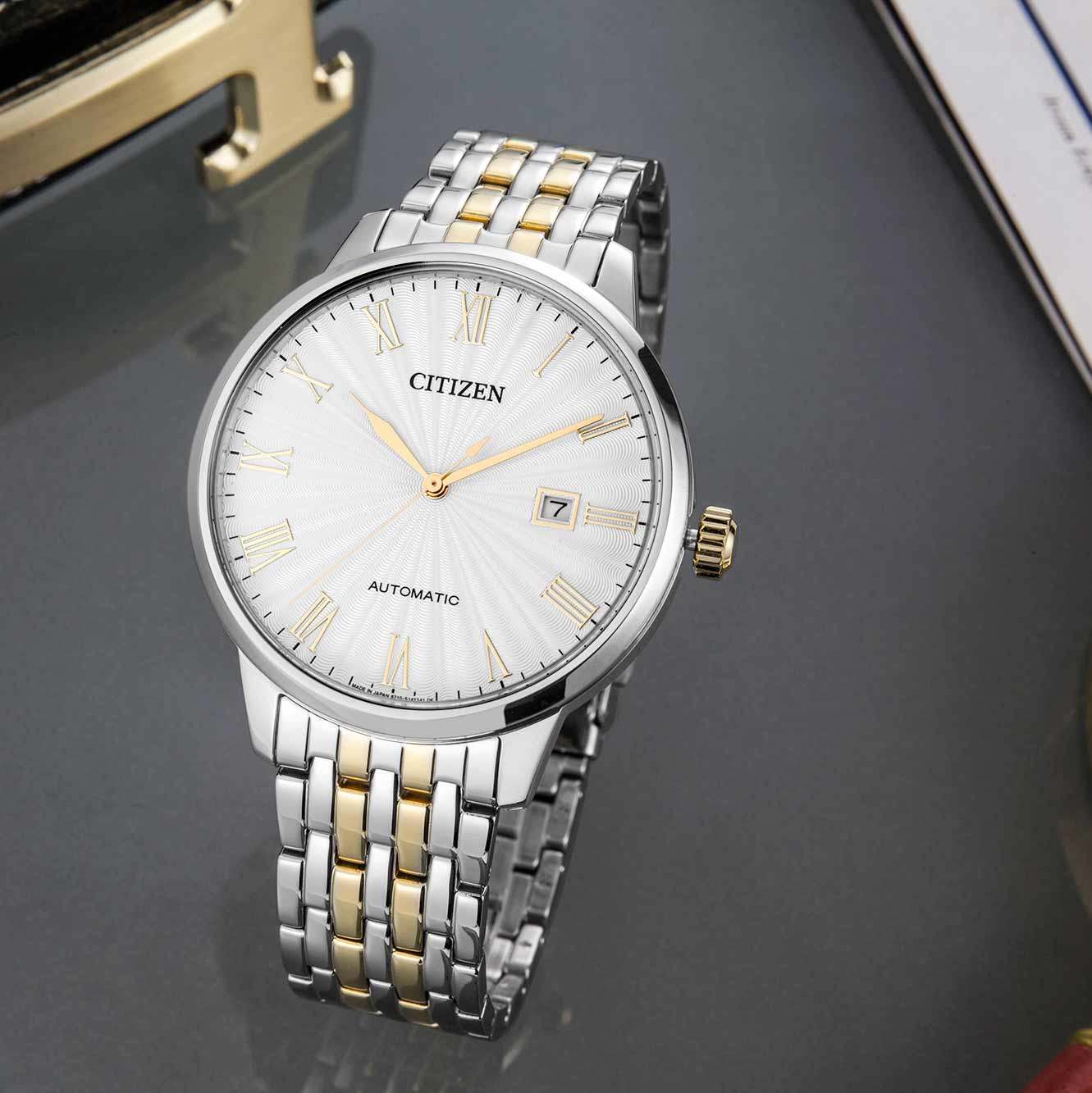 Citizen official store Mechanical Retro Roman Numeral Gold-Tone Steel Strap Men's Watch Nj0084