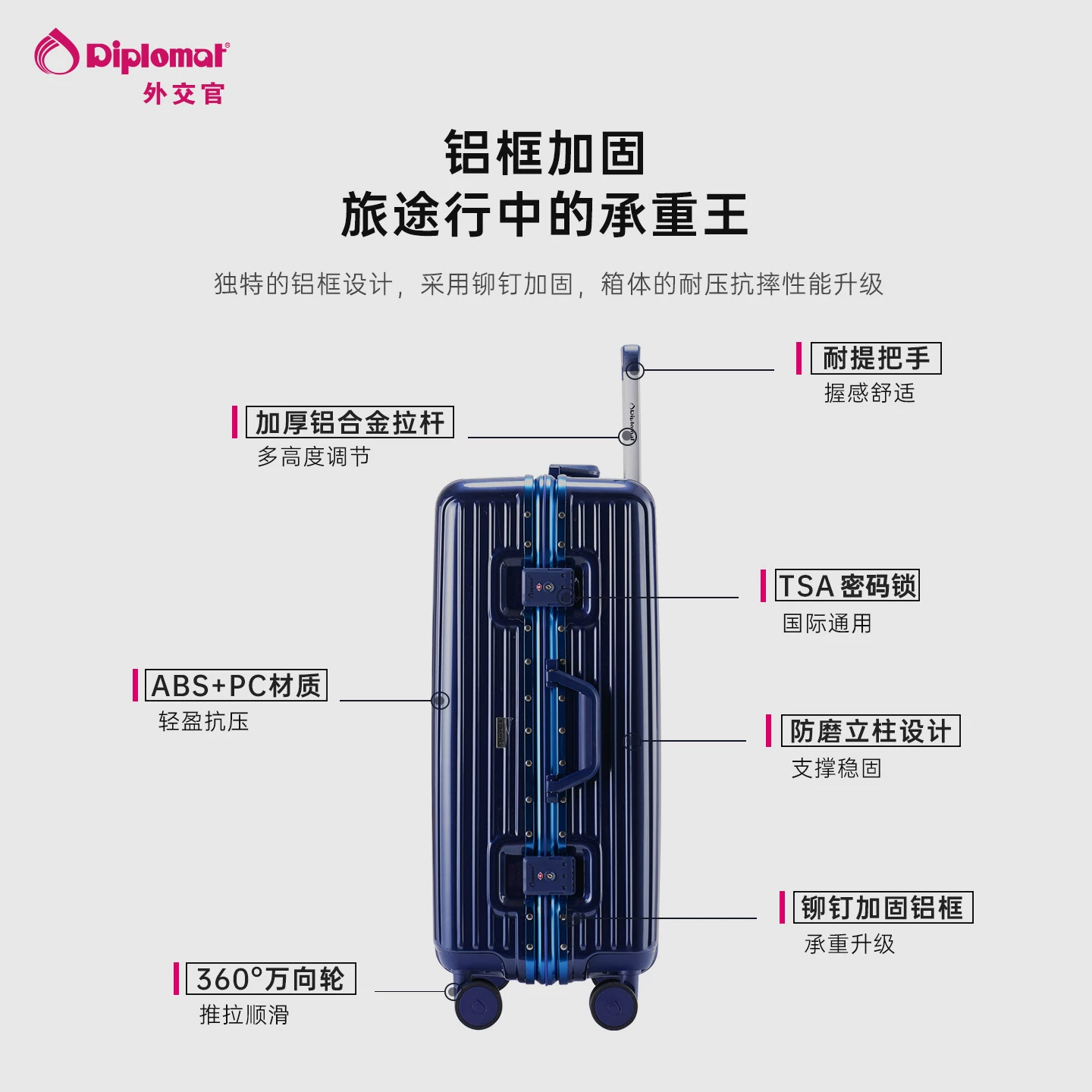 Diplomat boarding case 20-inch aluminum frame suitcase Streamer trolley case women's hard shell TSA code lock suitcase