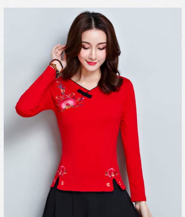 Thời trang xuân 2019 mặc áo sơ mi họa tiết cổ lọ quốc gia nữ cổ chữ V thêu áo dài tay áo thun vuông áo thun adidas nữ