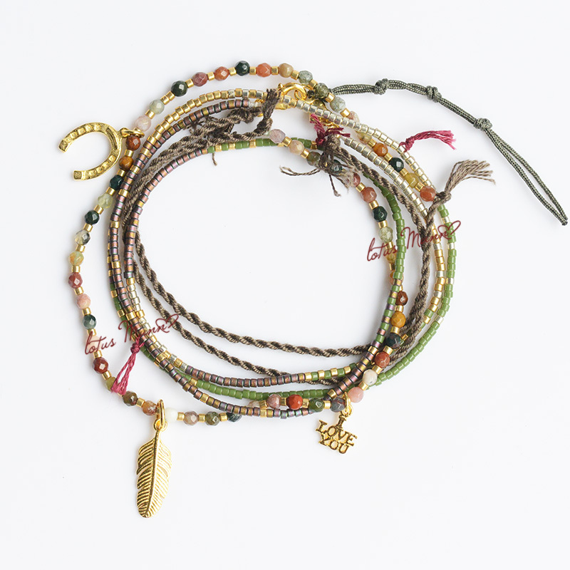 Freedom, Love, and Luck. Multi-Colored Double-Layered Silver Gold-Plated Natural Stone Bohemian Woven Multi-Element Necklace