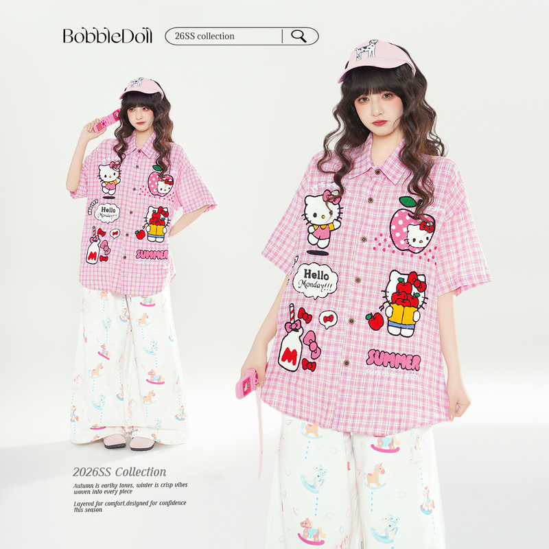 Bubbledoll Sweet and Cool Kt Cat Embroidered Plaid Short-Sleeved Shirt for Women, New Summer Loose-Fitting College Style Trendy Shirt